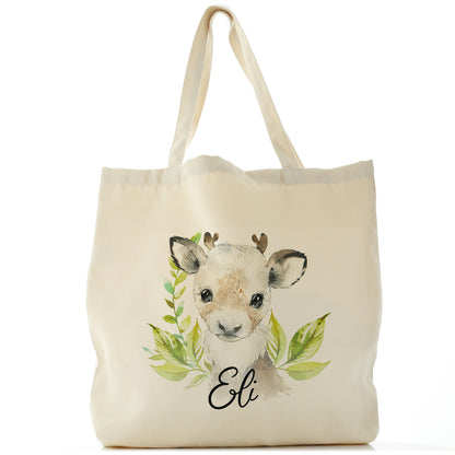 Personalised Canvas Tote Bag with Christmas Reindeer Deer Green Leaves and Cute Text