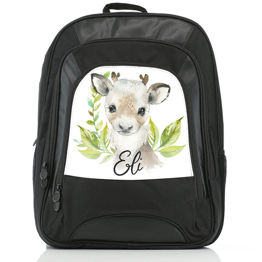 Personalised Large Multifunction Backpack with Christmas Reindeer Deer Green Leaves and Cute Text