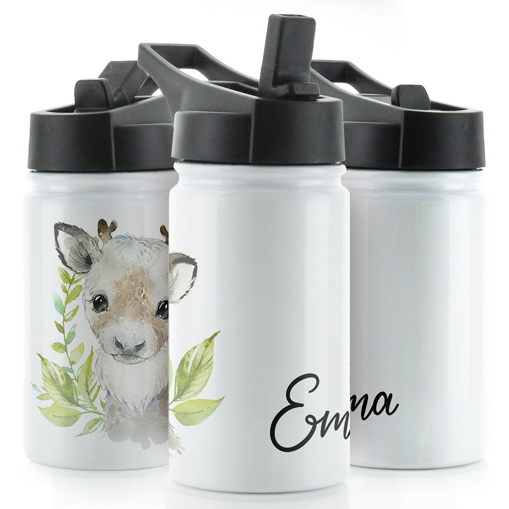 Personalised Reindeer Green Leaf and Name White Sports Flask