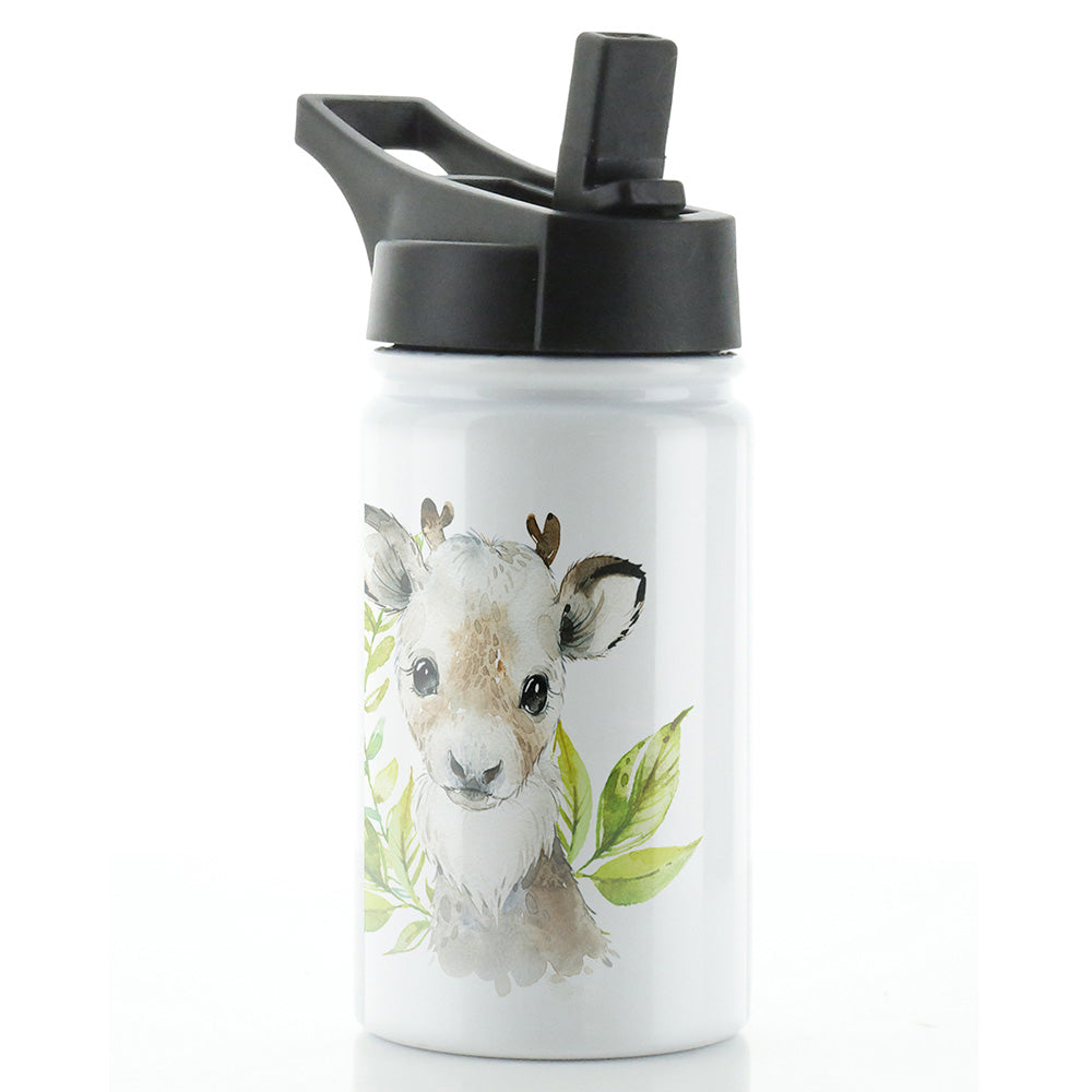 Personalised Reindeer Green Leaf and Name White Sports Flask