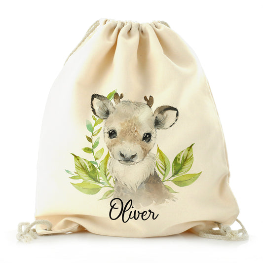Personalised Canvas Drawstring Backpack with Christmas Reindeer Deer Green Leaves and Cute Text