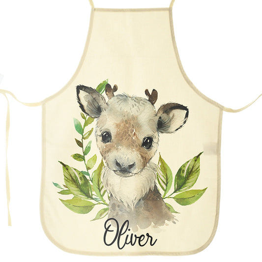 Personalised Canvas Apron with Reindeer Green Leaf and Name Design