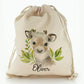Personalised Canvas Sack with Christmas Reindeer Deer Green Leaves and Cute Text