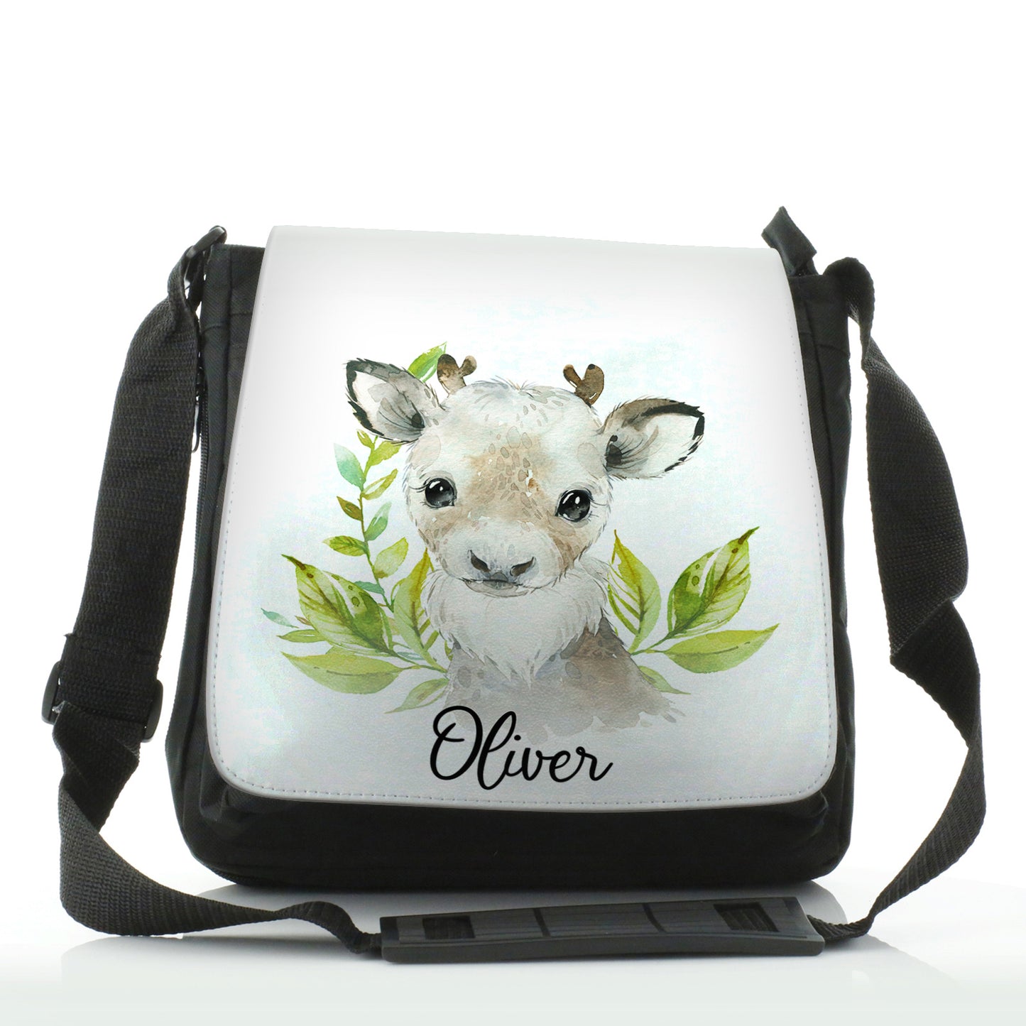 Personalised Shoulder Bag with Christmas Reindeer Deer Green Leaves and Cute Text