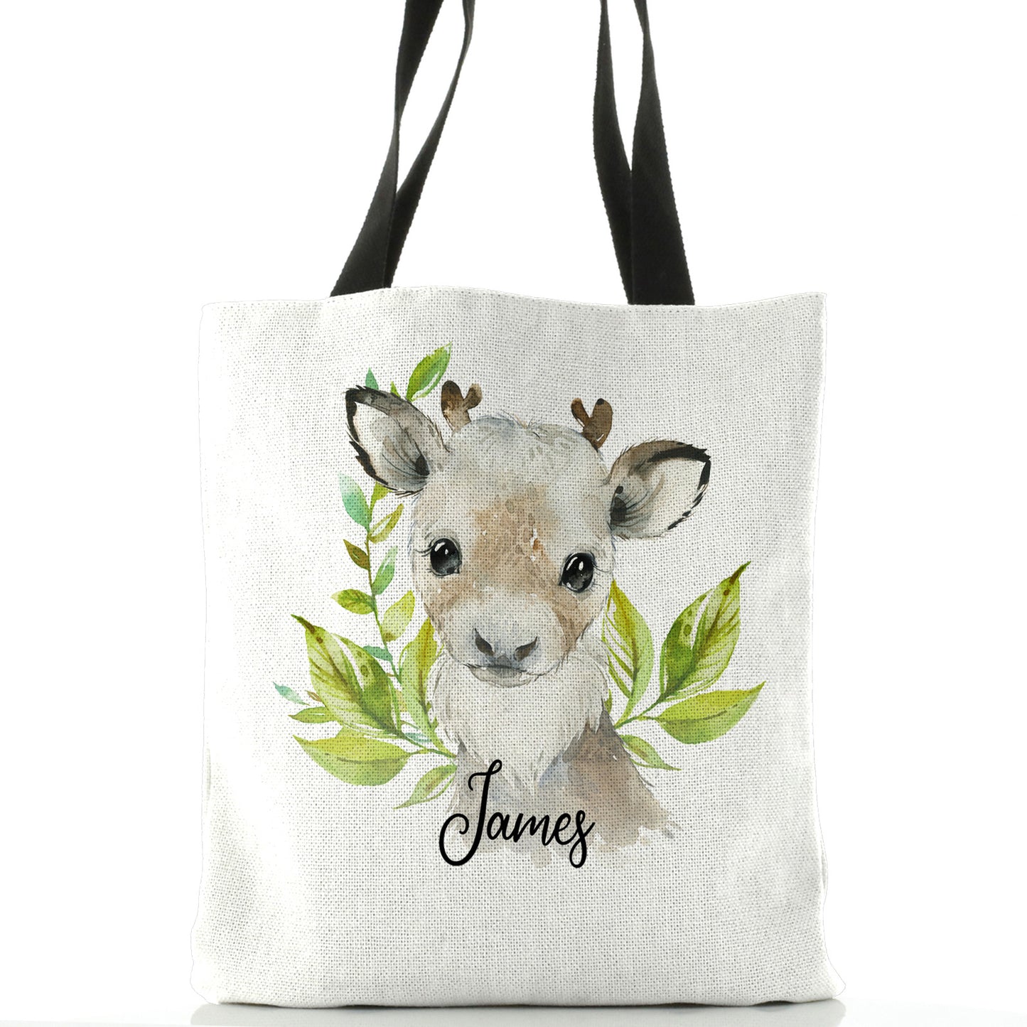 Personalised White Tote Bag with Christmas Reindeer Deer Green Leaves and Cute Text