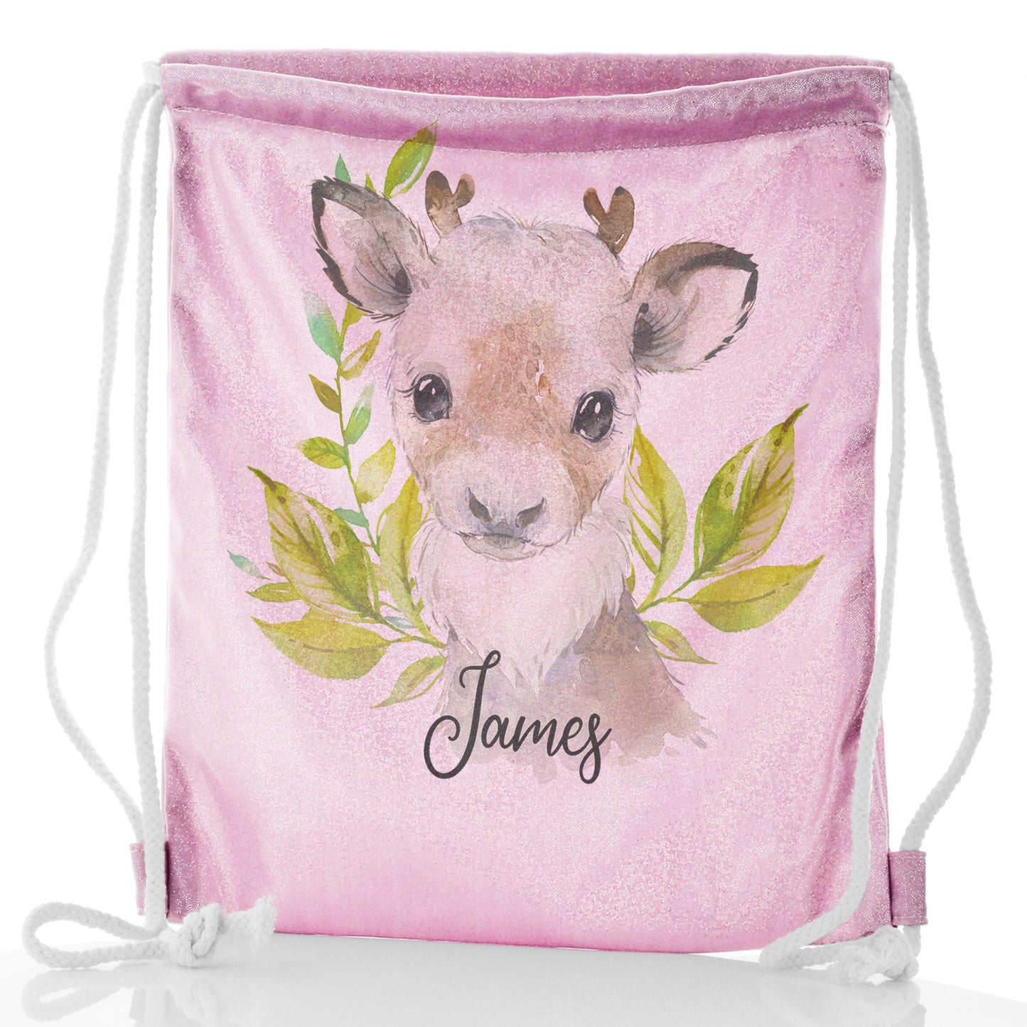 Personalised Glitter Drawstring Backpack with Christmas Reindeer Deer Green Leaves and Cute Text