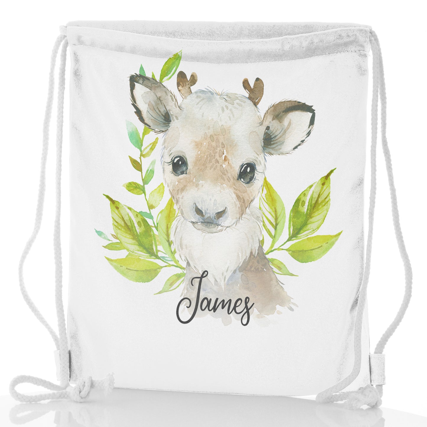 Personalised Glitter Drawstring Backpack with Christmas Reindeer Deer Green Leaves and Cute Text