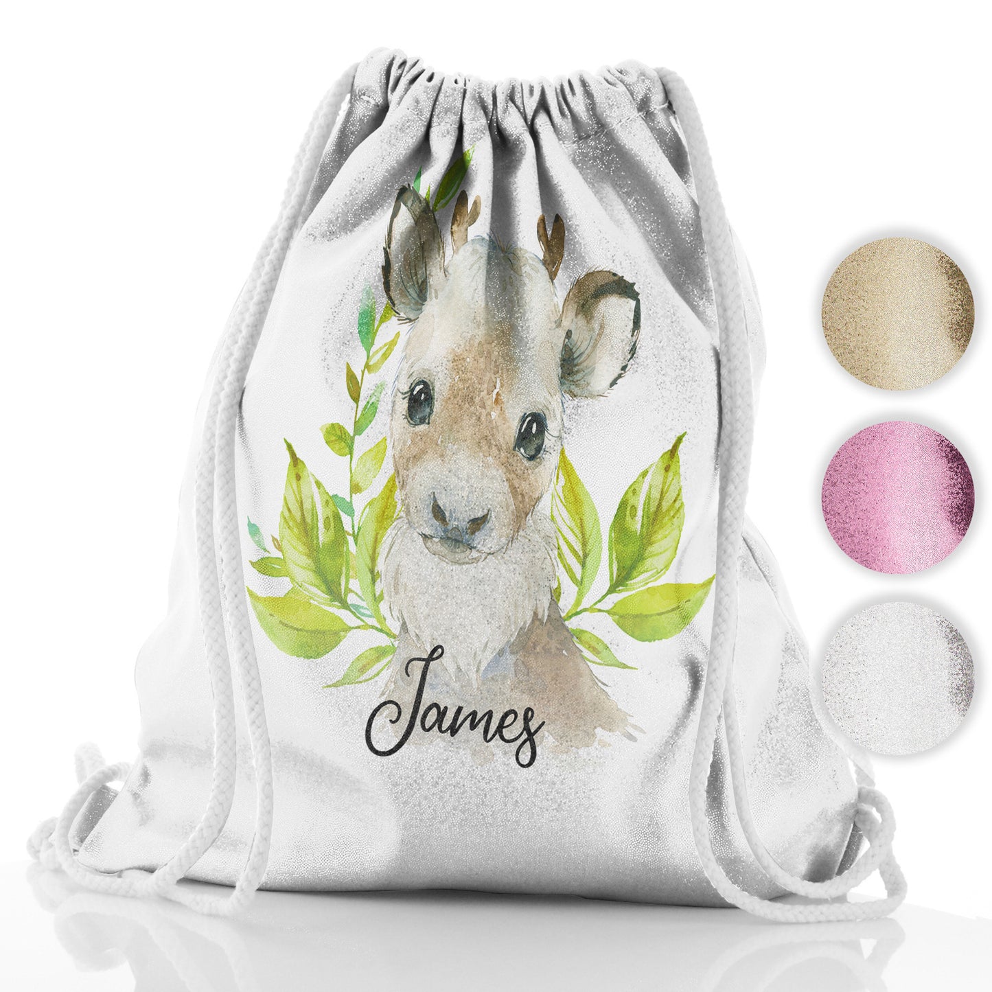 Personalised Glitter Drawstring Backpack with Christmas Reindeer Deer Green Leaves and Cute Text