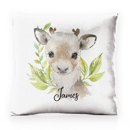 Personalised Glitter Cushion with Christmas Reindeer Deer Green Leaves and Cute Text