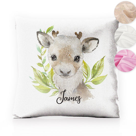 Personalised Glitter Cushion with Christmas Reindeer Deer Green Leaves and Cute Text