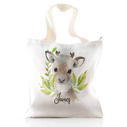 Personalised Glitter Tote Bag with Christmas Reindeer Deer Green Leaves and Cute Text