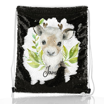 Personalised Sequin Drawstring Backpack with Christmas Reindeer Deer Green Leaves and Cute Text
