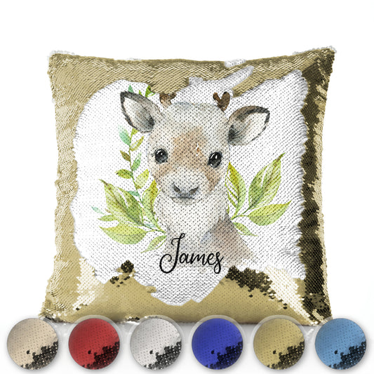Personalised Sequin Cushion with Christmas Reindeer Deer Green Leaves and Cute Text