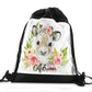 Personalised Reindeer Pink Glitter Flower and Name Black Drawstring Backpack