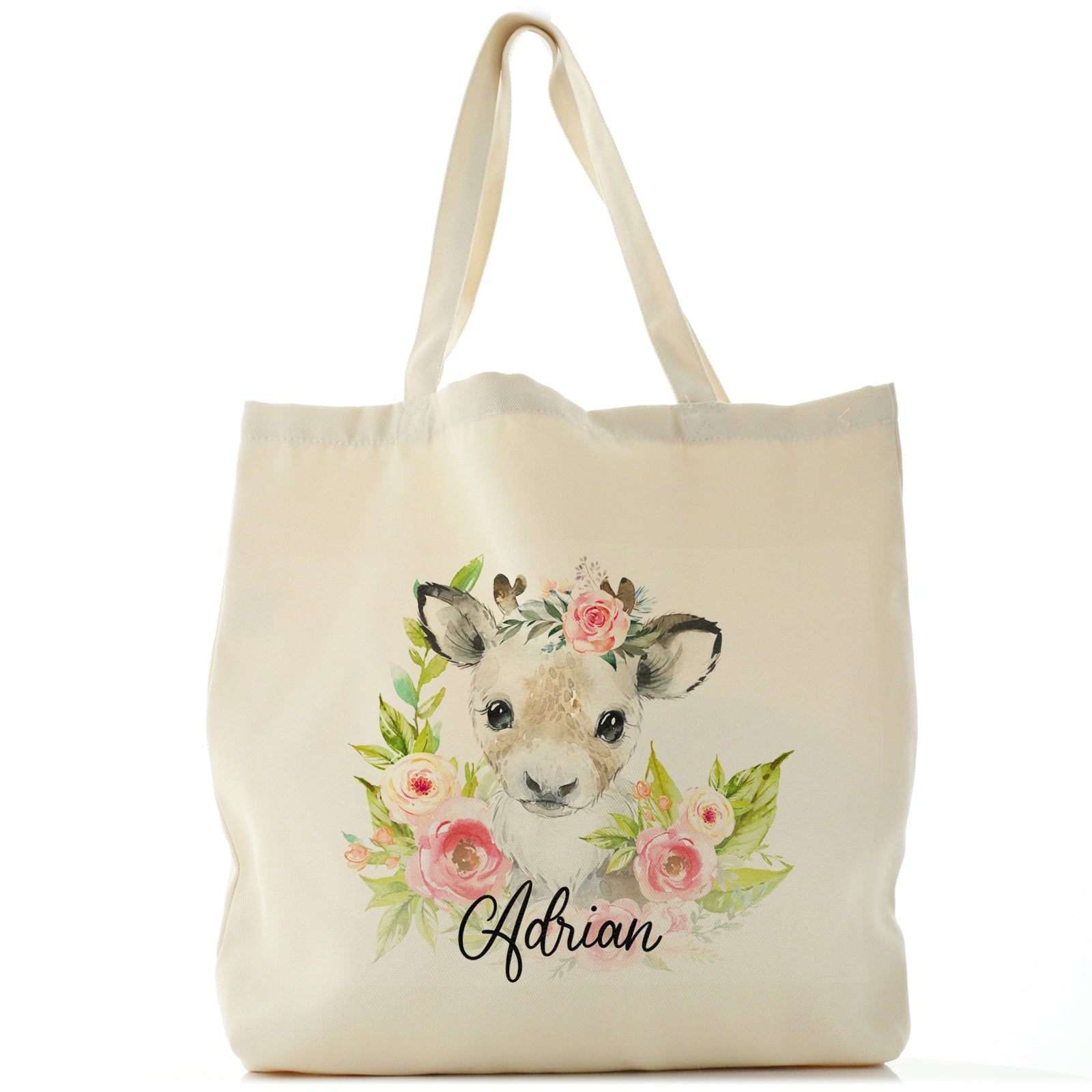 Personalised Canvas Tote Bag with Reindeer Pink Flowers and Cute Text