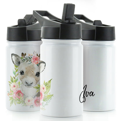 Personalised Reindeer Pink Flower and Name White Sports Flask