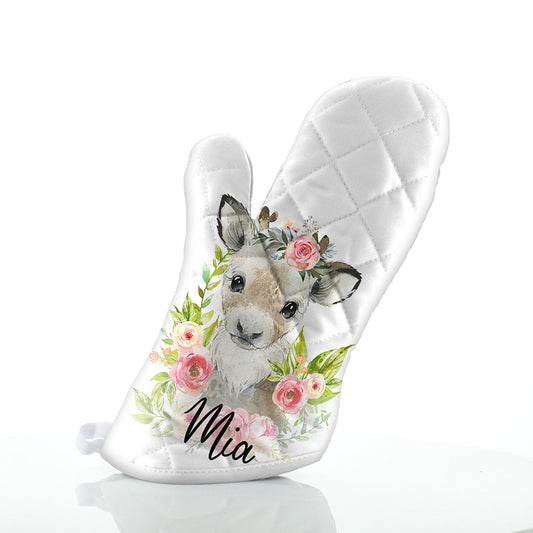 Personalised Reindeer Pink Flower and Name Oven Glove