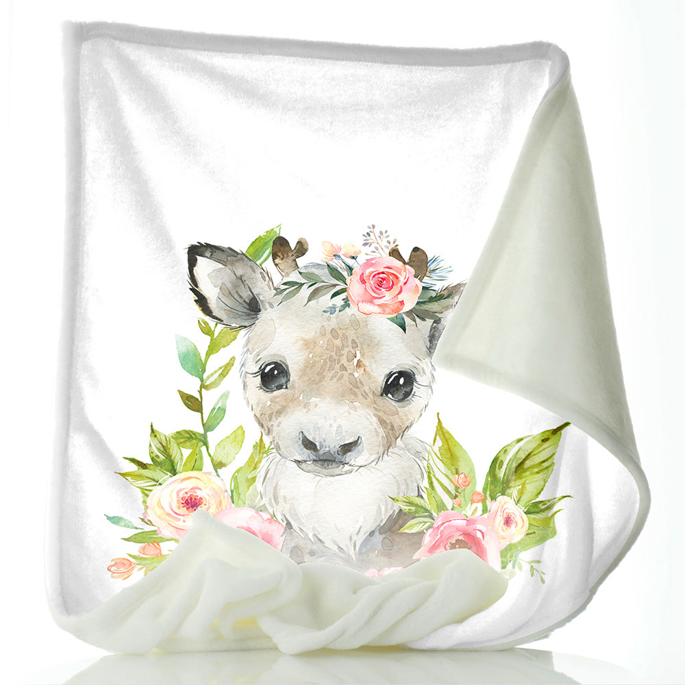 Personalised Reindeer Pink Glitter Flower and Name Baby Blanket