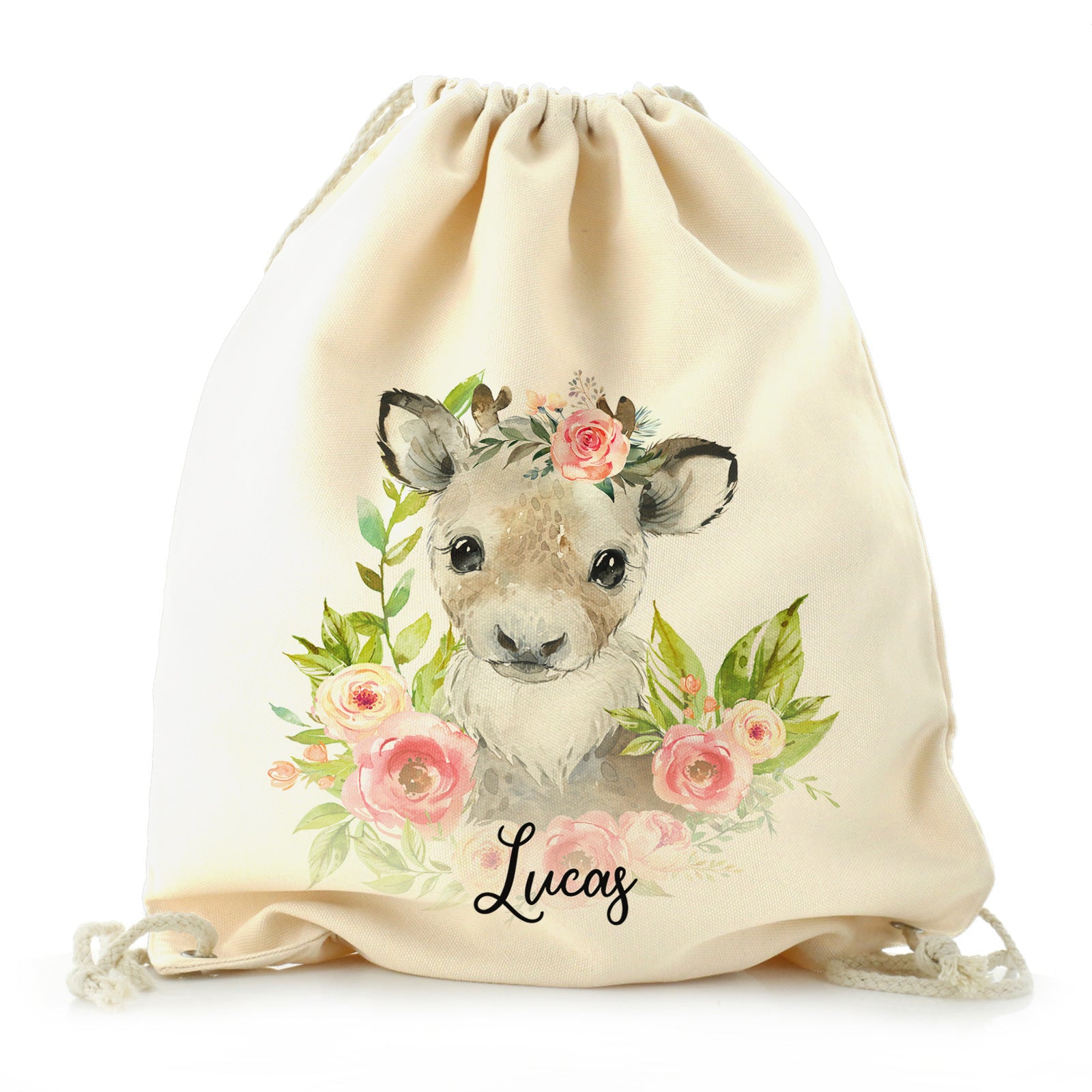 Personalised Canvas Drawstring Backpack with Reindeer Pink Flowers and Cute Text
