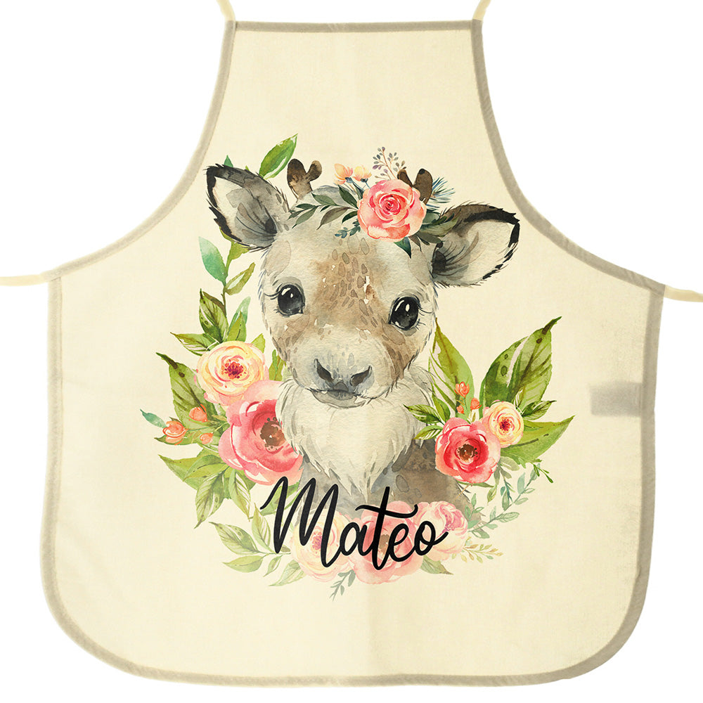 Personalised Canvas Apron with Reindeer Pink Flower and Name Design