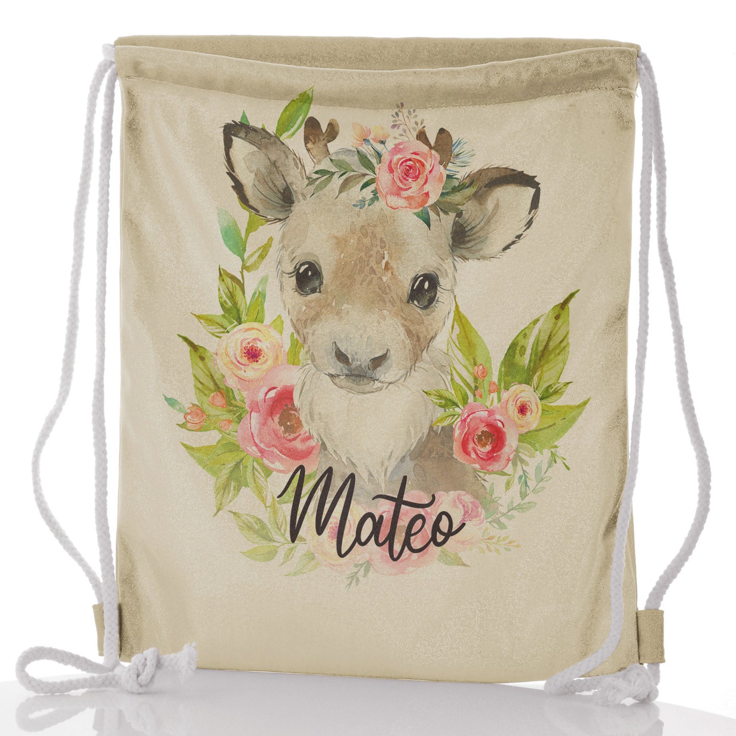 Personalised Glitter Drawstring Backpack with Reindeer Pink Flowers and Cute Text