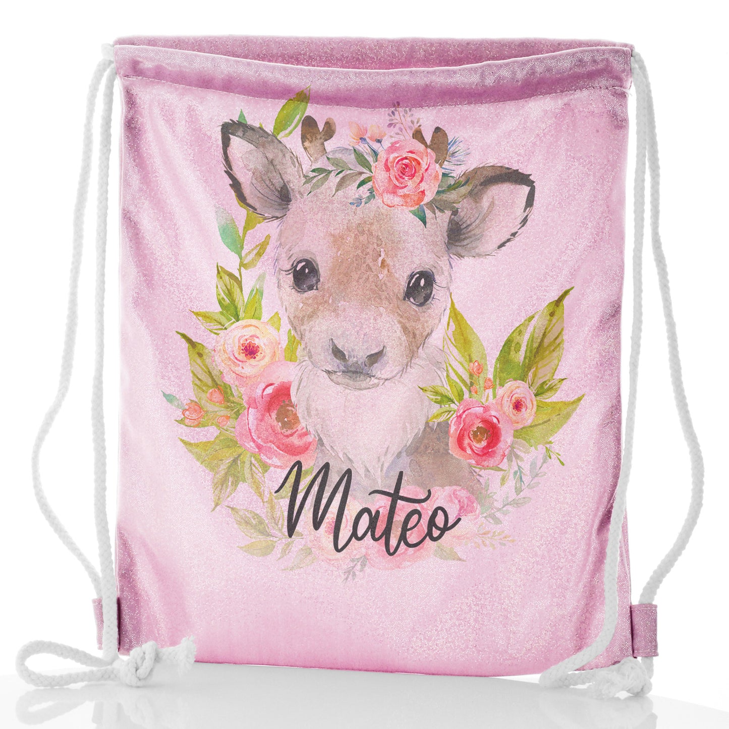 Personalised Glitter Drawstring Backpack with Reindeer Pink Flowers and Cute Text