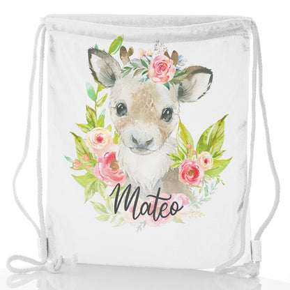 Personalised Glitter Drawstring Backpack with Reindeer Pink Flowers and Cute Text