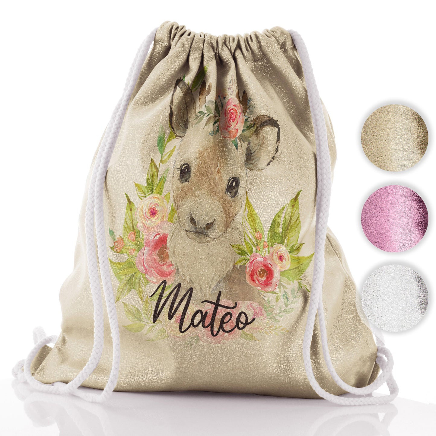 Personalised Glitter Drawstring Backpack with Reindeer Pink Flowers and Cute Text