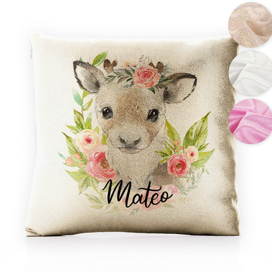 Personalised Glitter Cushion with Reindeer Pink Flowers and Cute Text