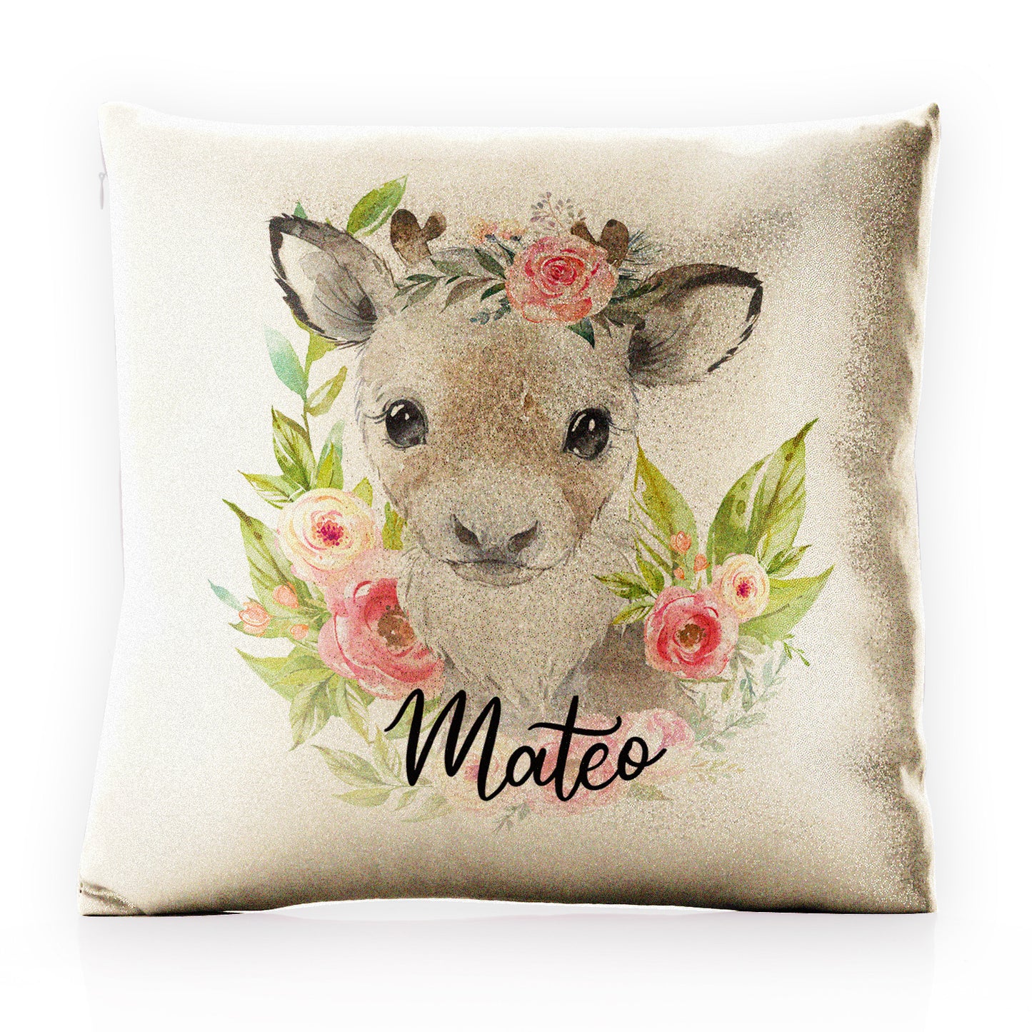 Personalised Glitter Cushion with Reindeer Pink Flowers and Cute Text