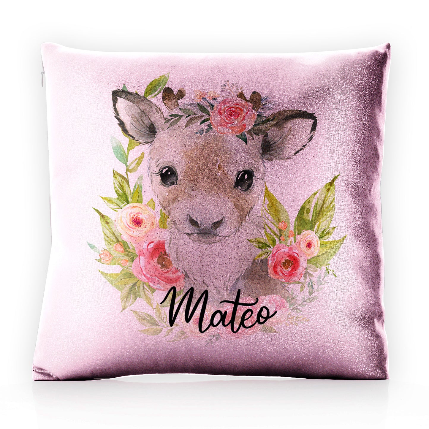 Personalised Glitter Cushion with Reindeer Pink Flowers and Cute Text
