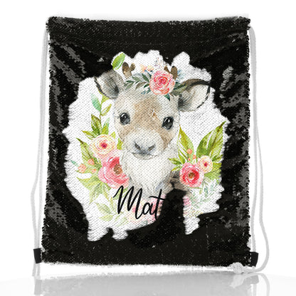 Personalised Sequin Drawstring Backpack with Reindeer Pink Flowers and Cute Text