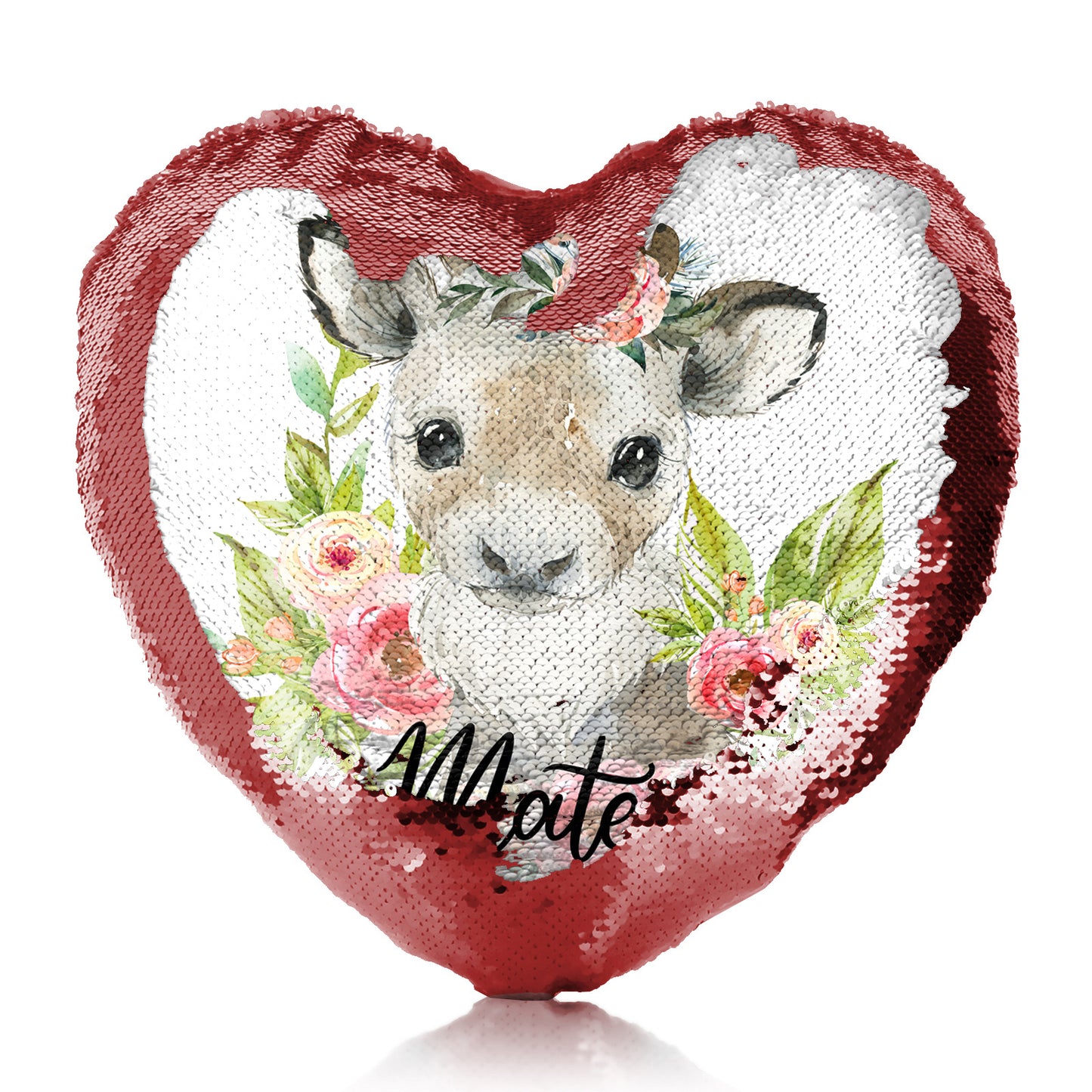 Personalisiertes Pailletten-Herzkissen mit rosa Rentierblumen und süßem Text
