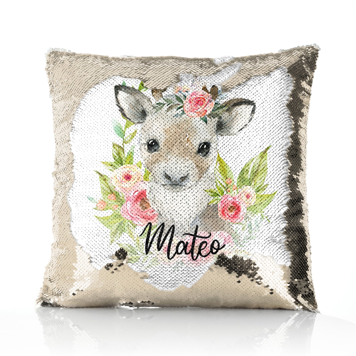 Personalised Sequin Cushion with Reindeer Pink Flowers and Cute Text