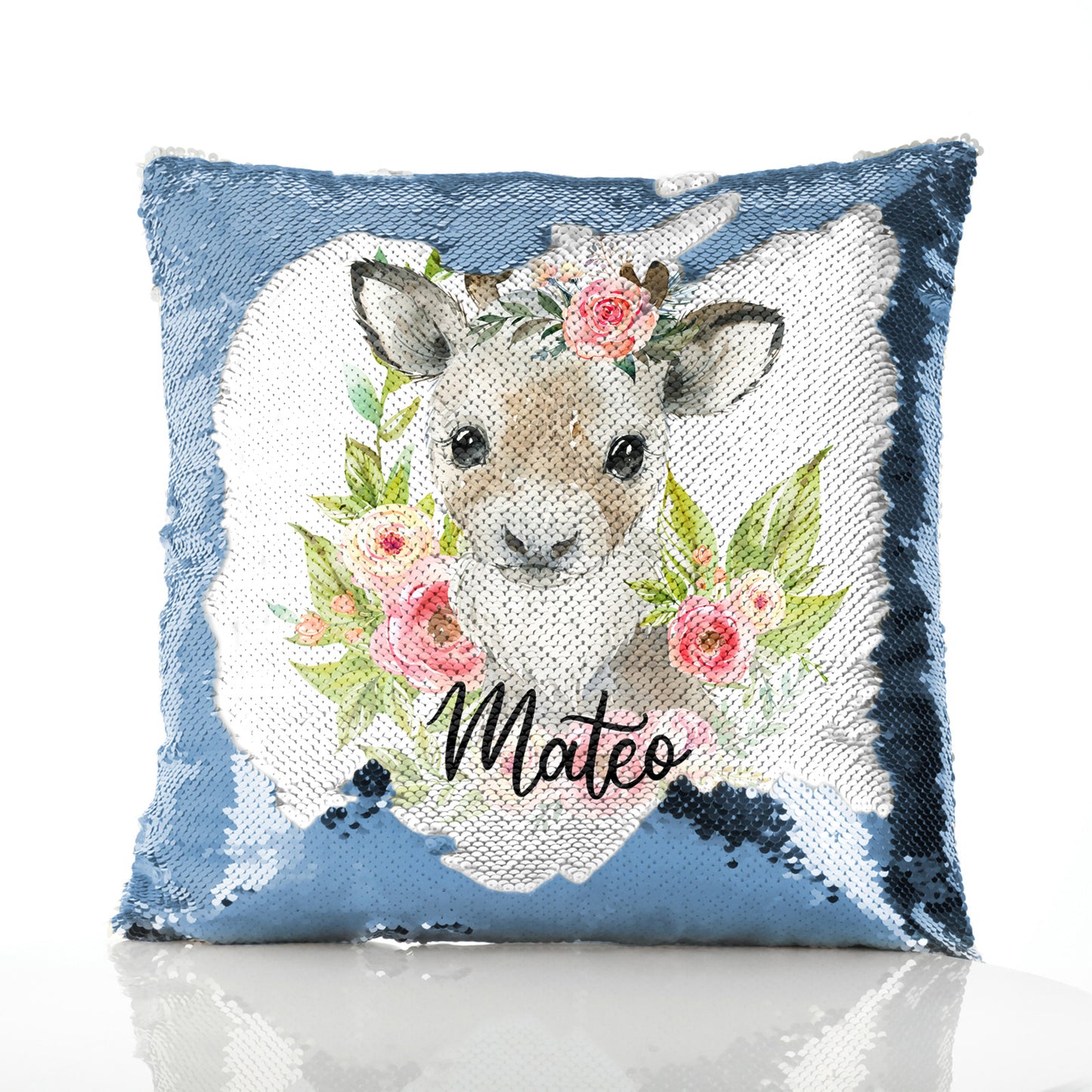 Personalised Sequin Cushion with Reindeer Pink Flowers and Cute Text
