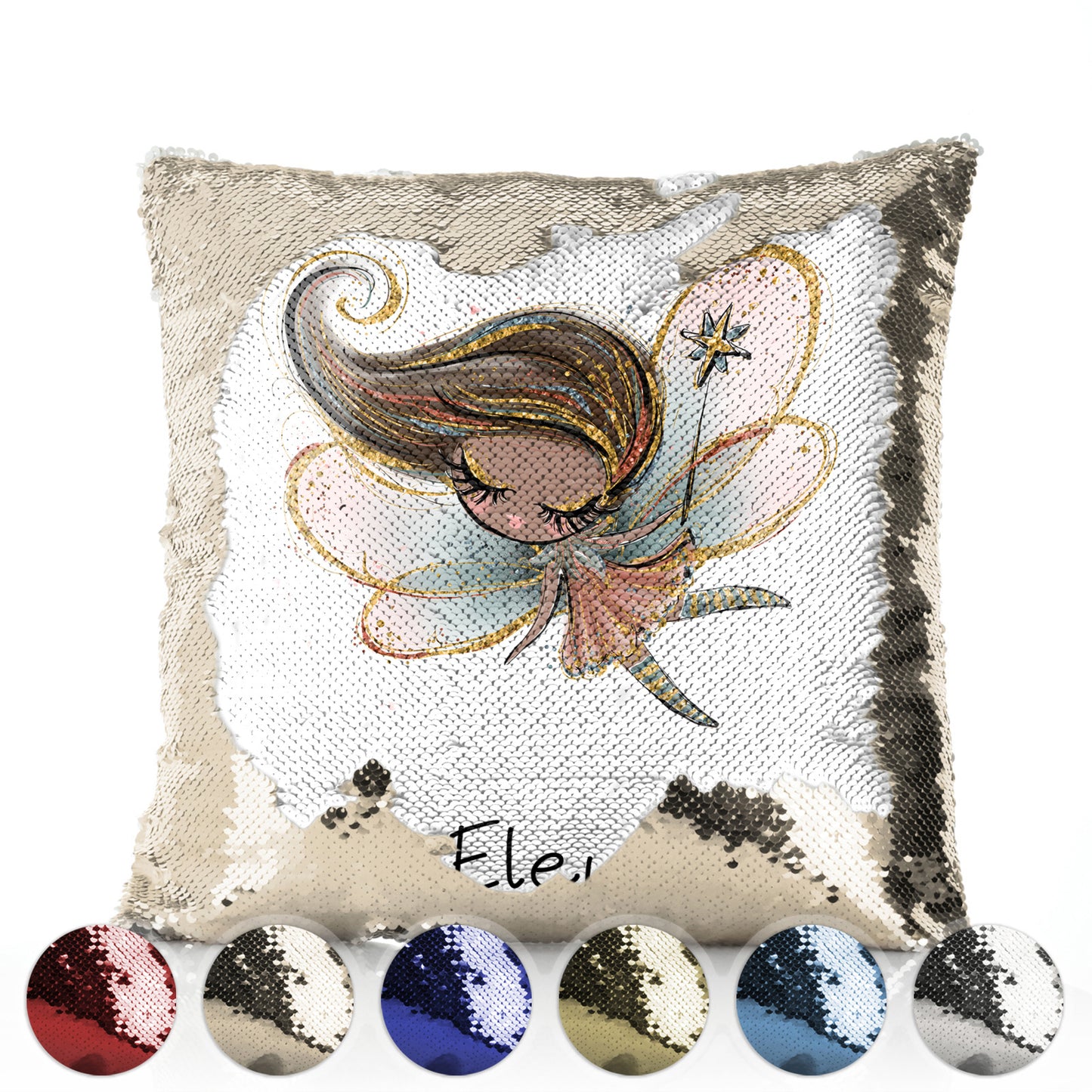 Personalised Sequin Cushion with Cute Text and Hair Floating Star Dark Brown Fairy