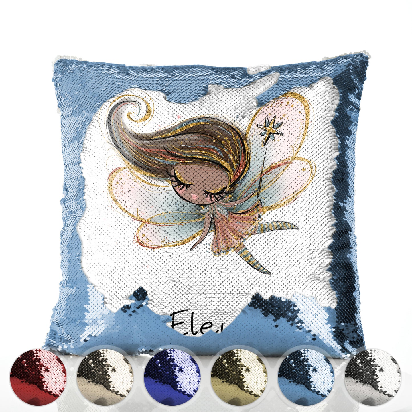 Personalised Sequin Cushion with Cute Text and Butterfly Hill Blue Hair Fairy