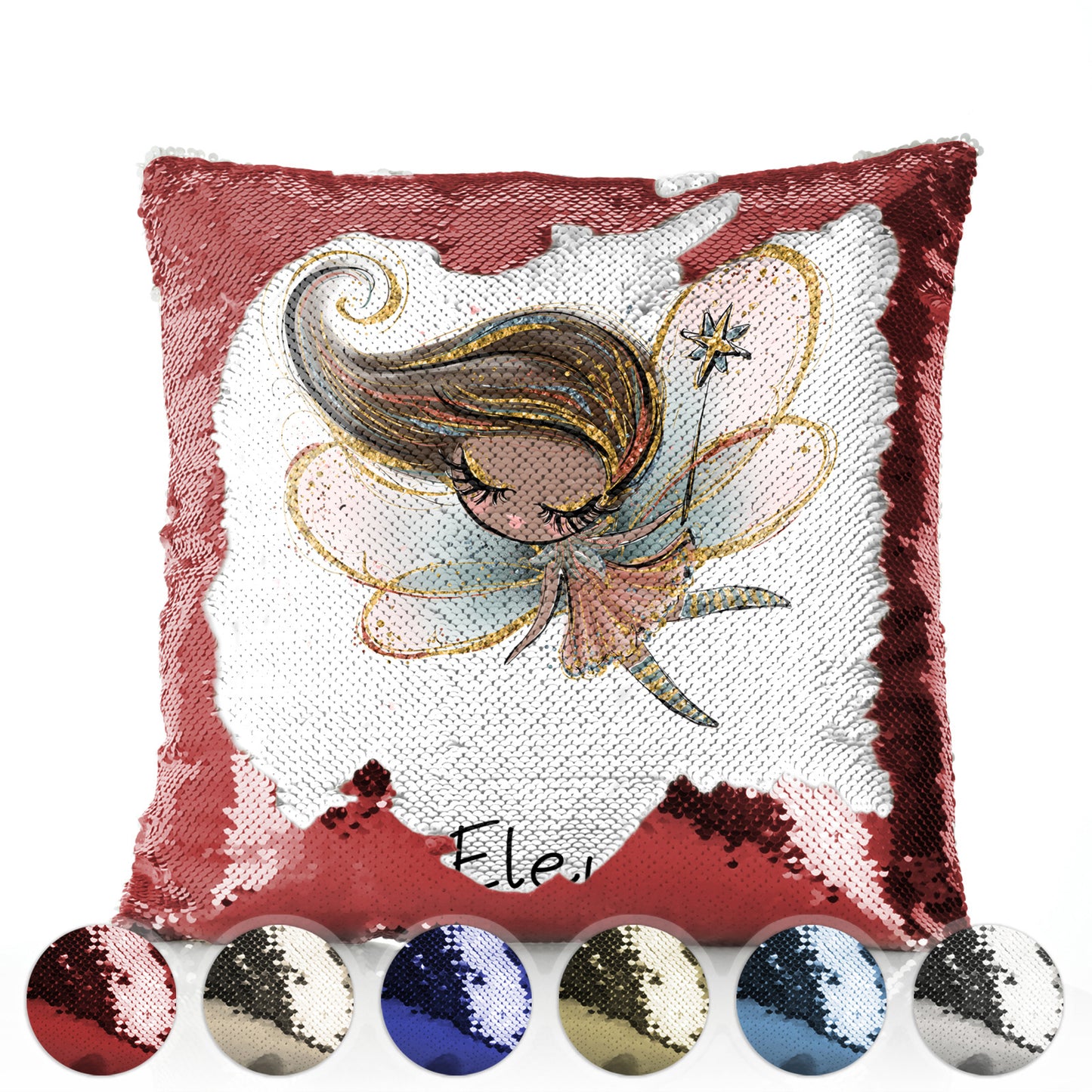 Personalised Sequin Cushion with Cute Text and Tree Stump Gold Wand Fairy