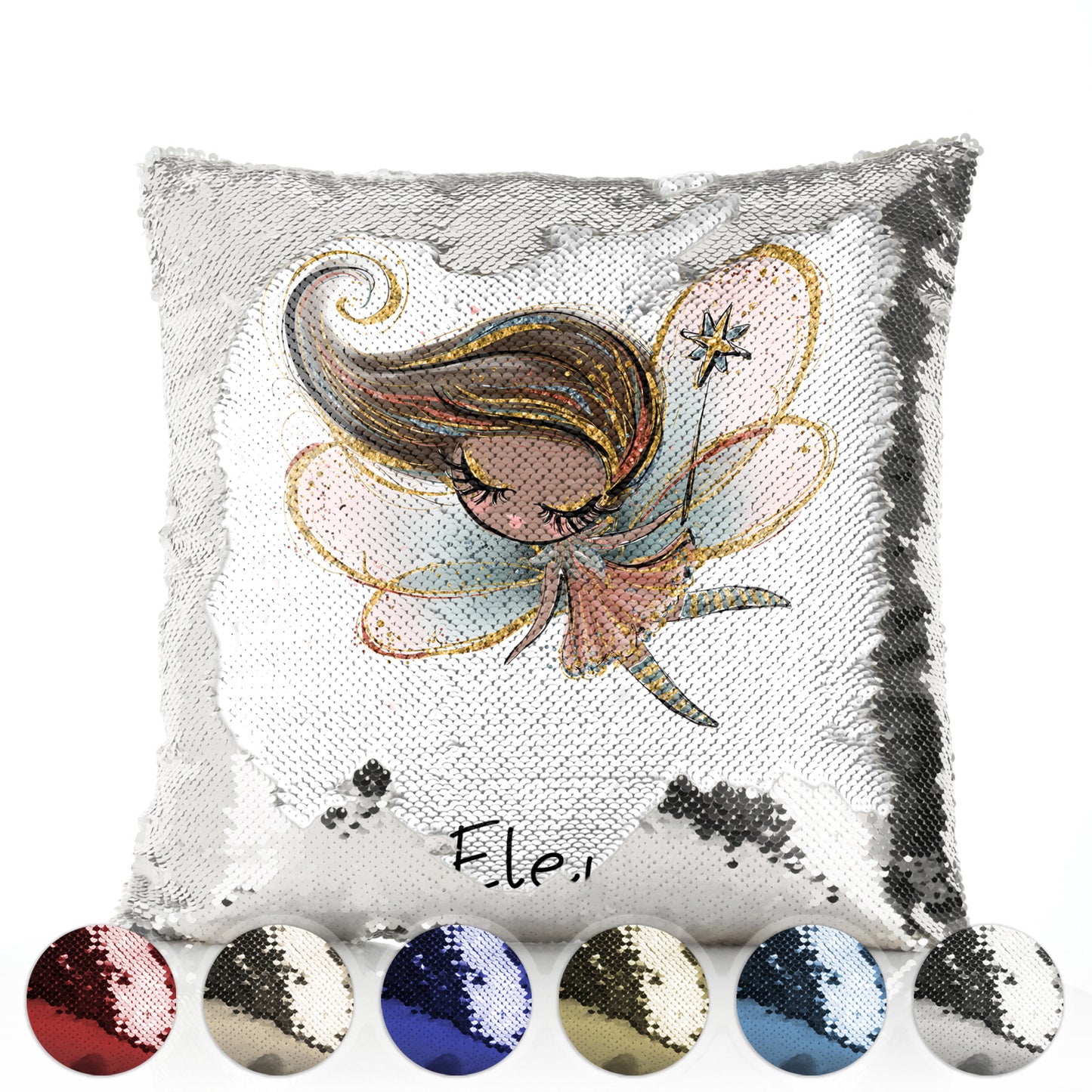 Personalised Sequin Cushion with Cute Text and Gold Wand Auburn Hair Fairy