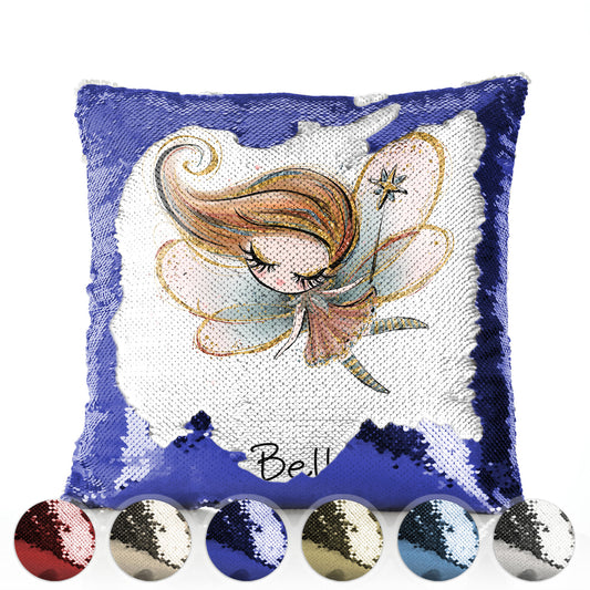 Personalised Sequin Cushion with Cute Text and Gold Wand Auburn Hair Fairy