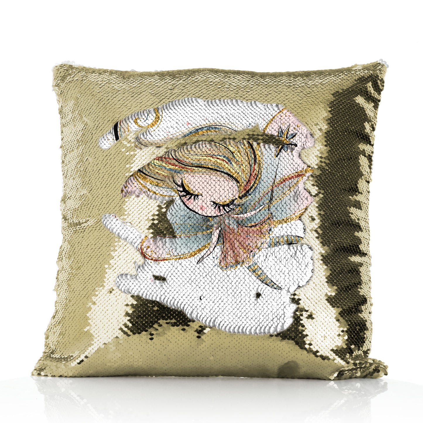 Personalised Sequin Cushion with Cute Text and Gold Wand Blonde Hair Fairy