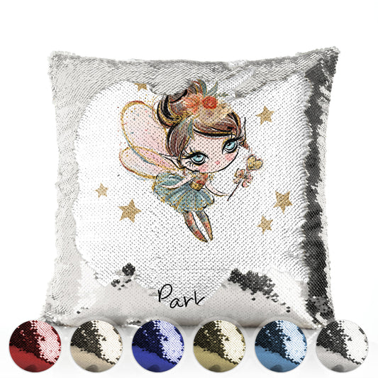 Personalised Sequin Cushion with Cute Text and Floating Star Brown Hair Fairy