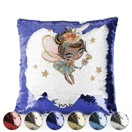 Personalised Sequin Cushion with Cute Text and Hair Floating Star Dark Brown Fairy