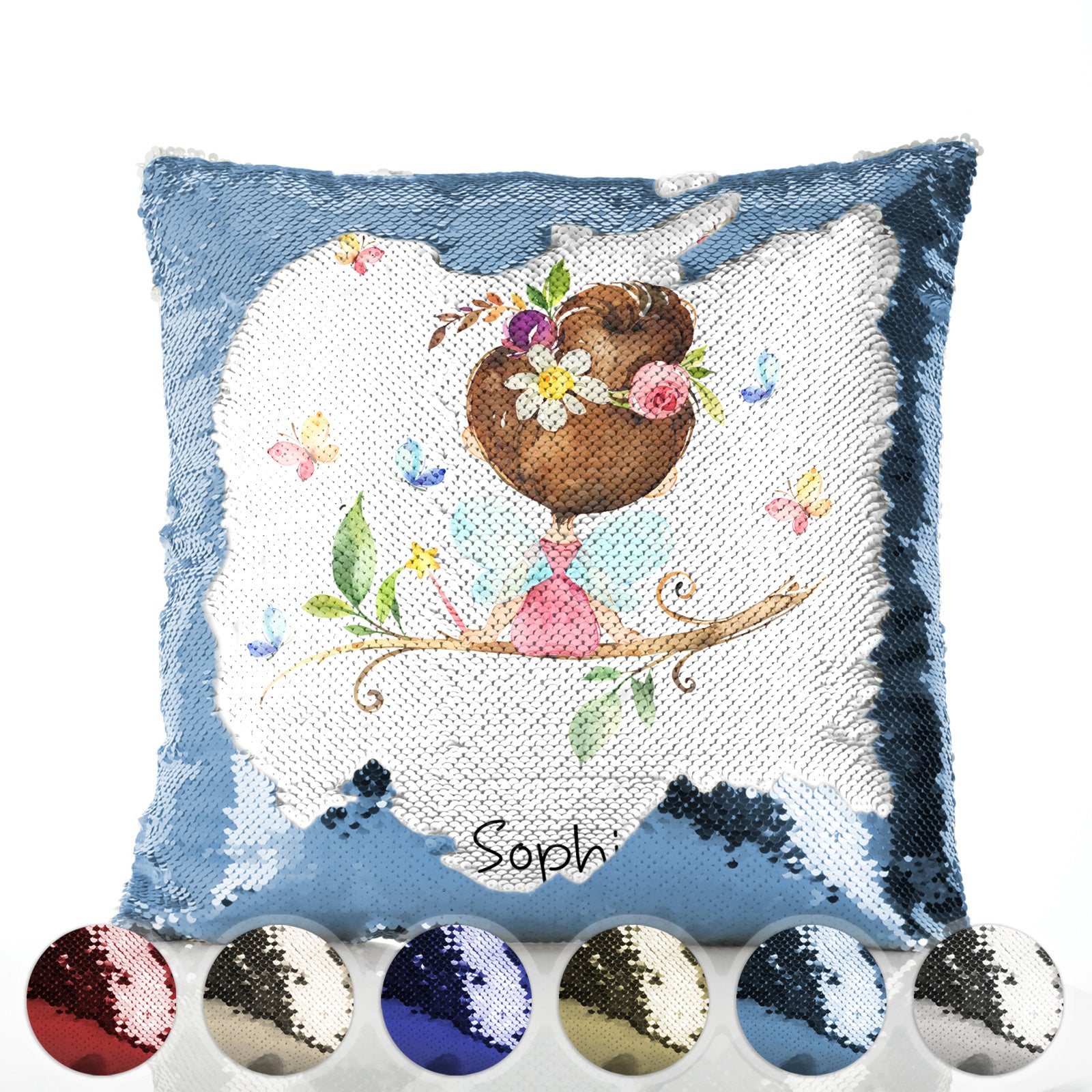 Personalised Sequin Cushion with Cute Text and Butterfly Tree Flower Hair Fairy