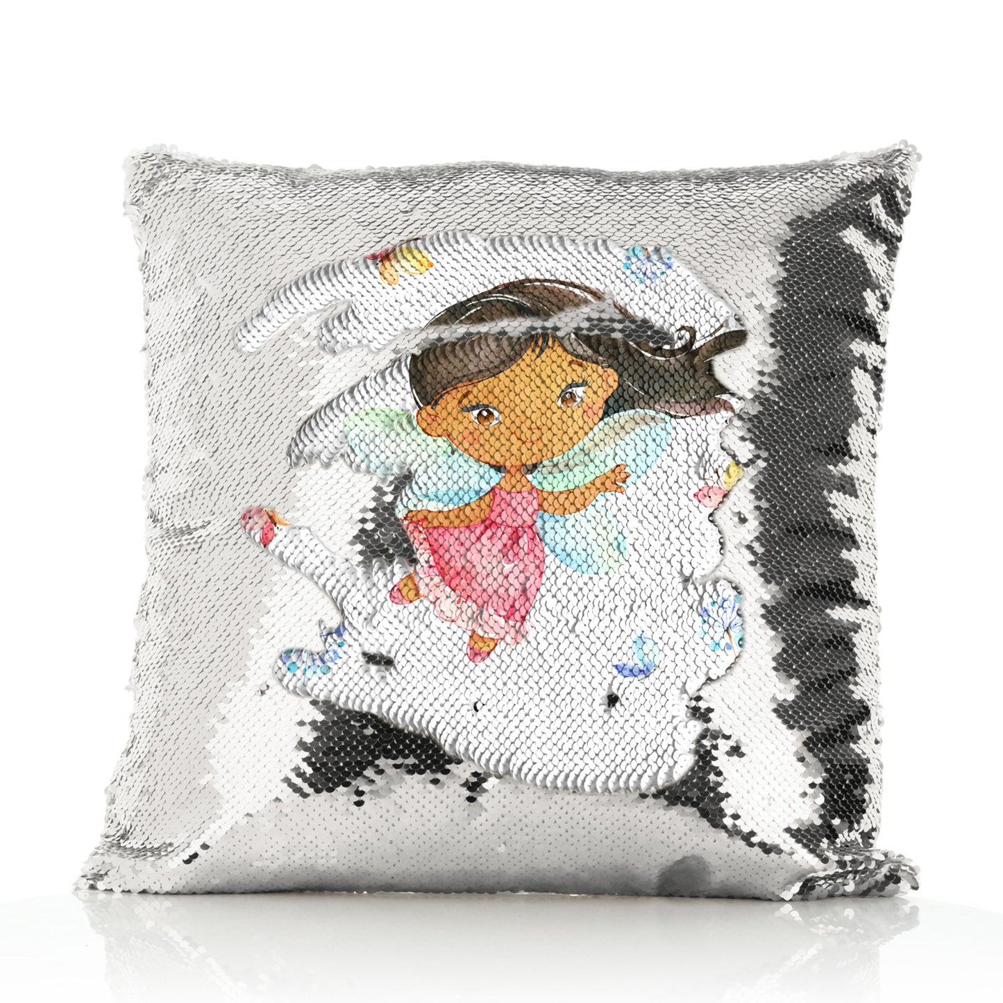 Personalised Sequin Cushion with Cute Text and Butterfly Flower Pink Dress Fairy
