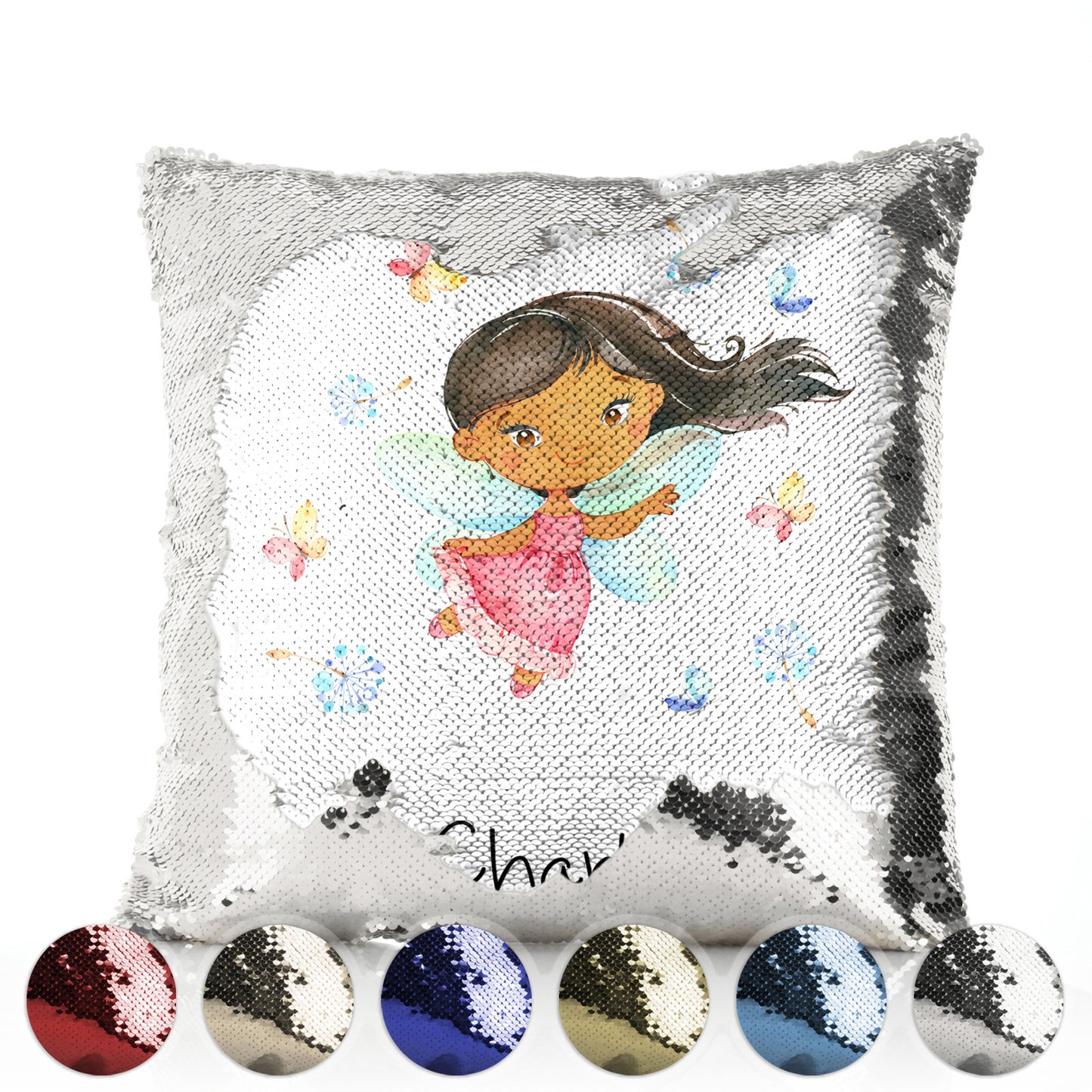 Personalised Sequin Cushion with Cute Text and Butterfly Flower Pink Dress Fairy