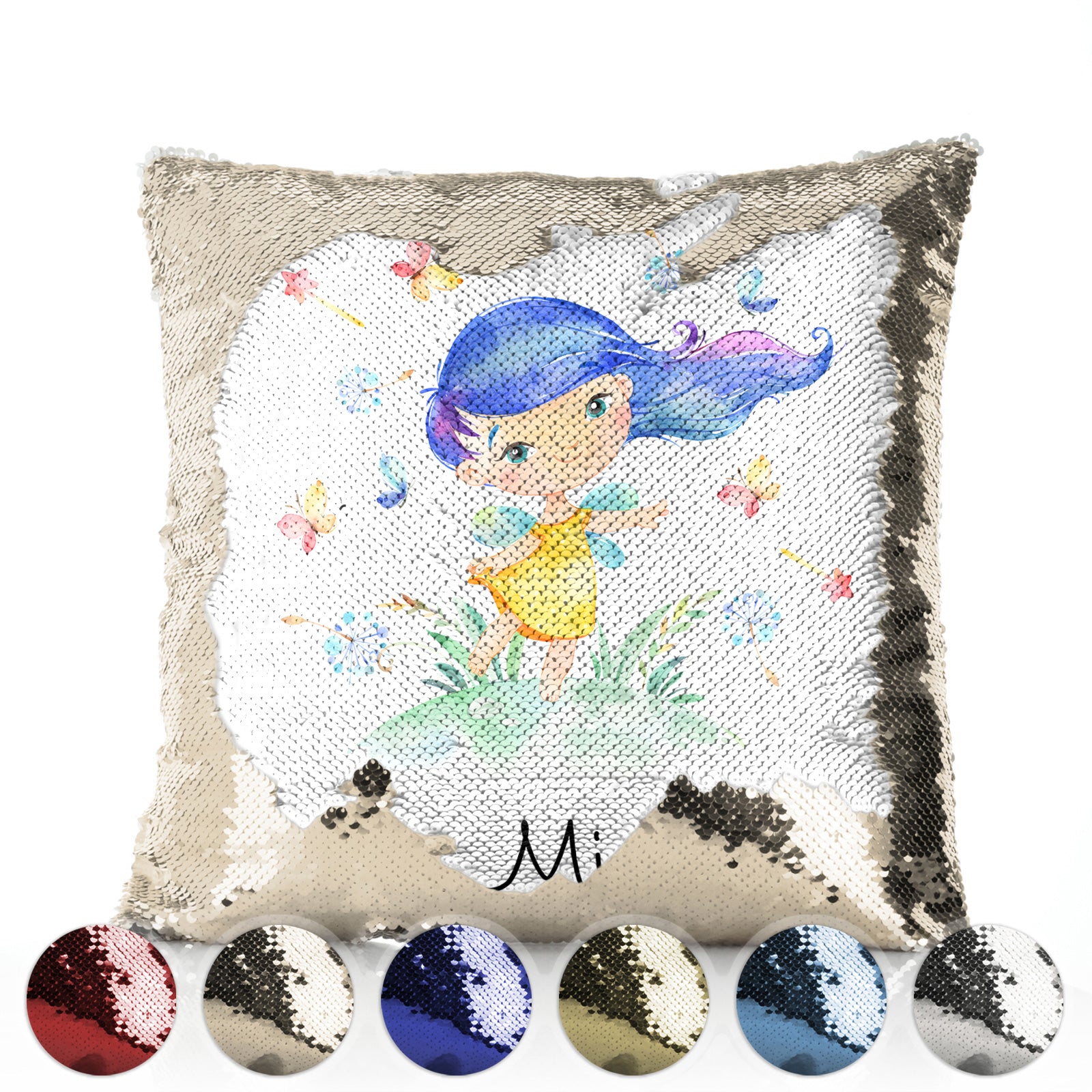 Personalised Sequin Cushion with Cute Text and Butterfly Hill Blue Hair Fairy