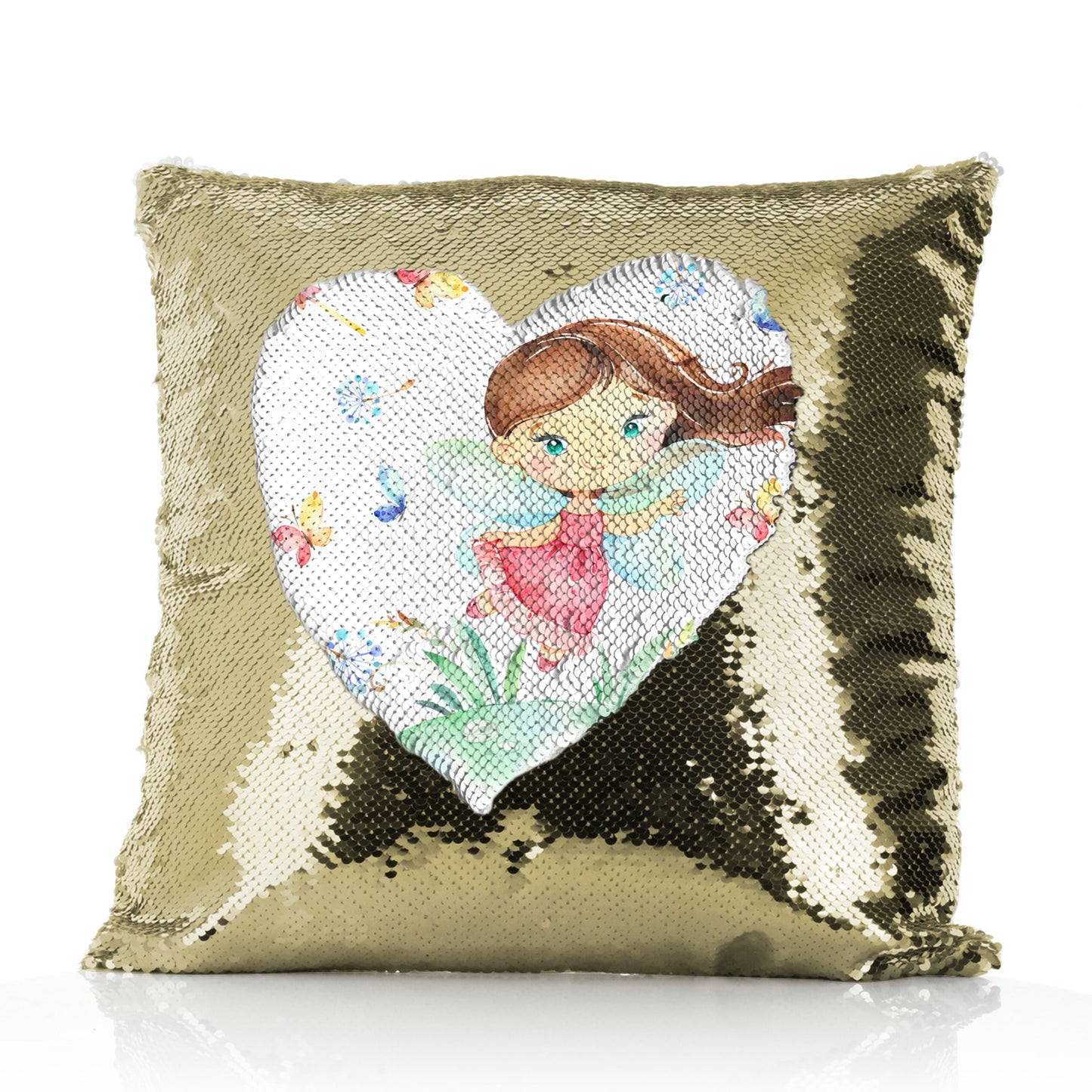 Personalised Sequin Cushion with Cute Text and Butterfly Hill Brown Hair Fairy