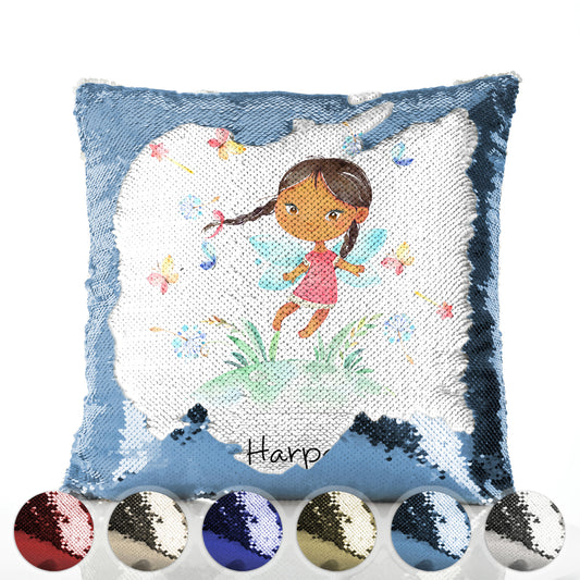 Personalised Sequin Cushion with Cute Text and Butterfly Hill Brown Plait Fairy