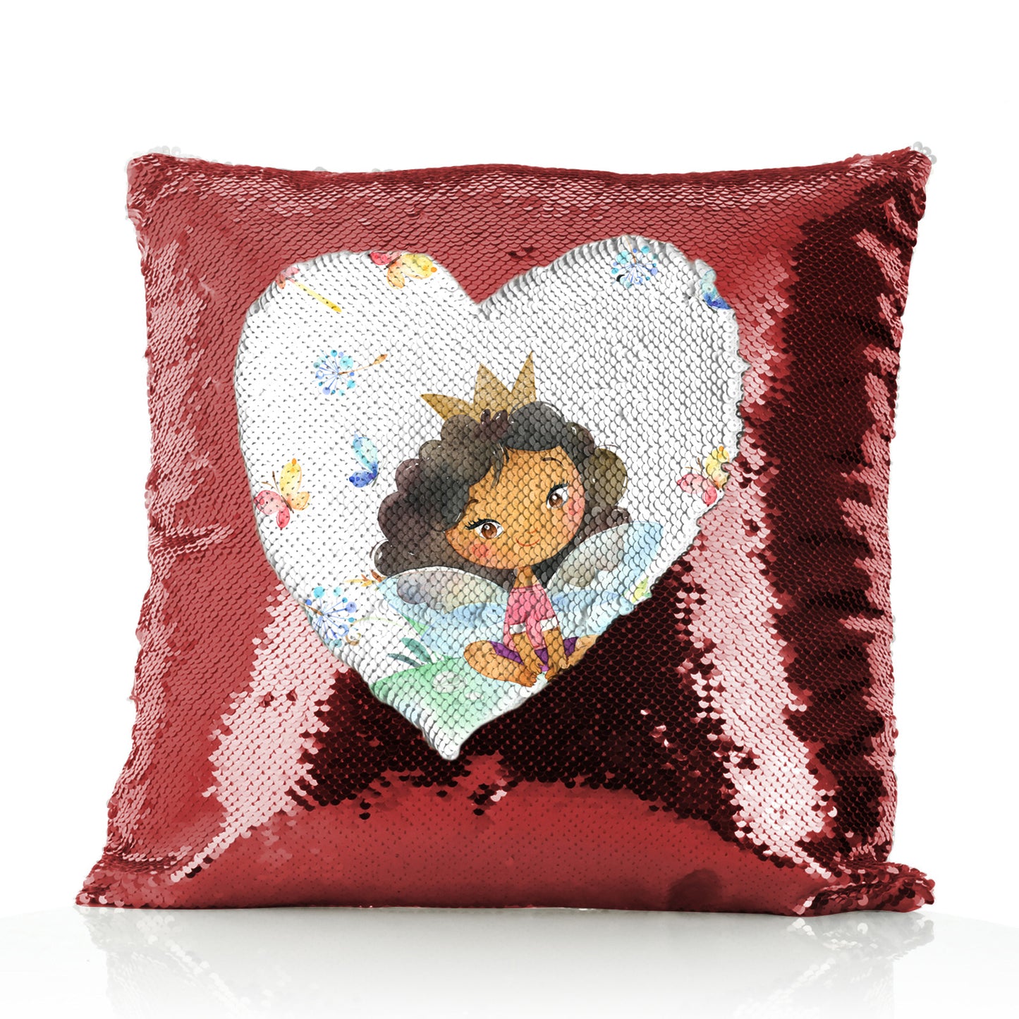 Personalised Sequin Cushion with Cute Text and Butterfly Hill Queen Crown Fairy